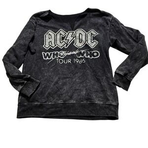 AC/DC Sweatshirt Womens L Black Acid Wash Bedazzled Tour 1986 Cut Neck Raw Hem